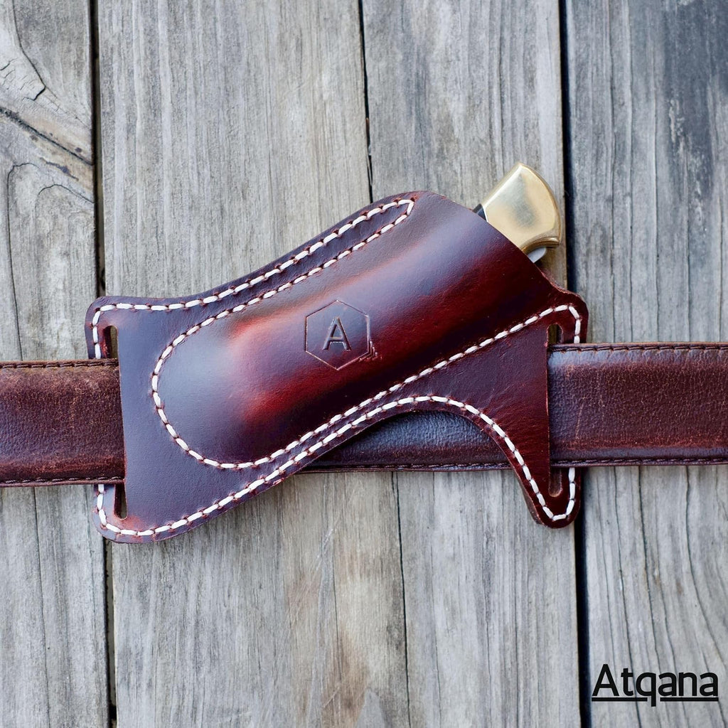 Leather Knife Sheath for Belt (Premium Leather) - Knife Holder for Belt with Side Draw Pocket for Folding Knife and