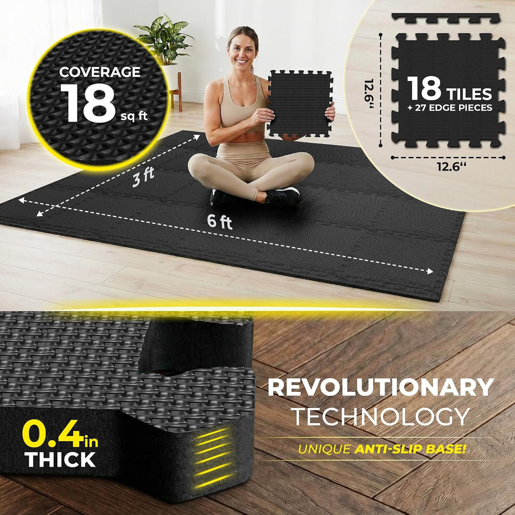 Gym Mats Set AntiSlipX - 18 pcs EVA Interlocking Foam Floor Tiles (12.6"x12.6"x0.4") 18sqft Protective Anti Slip Gym