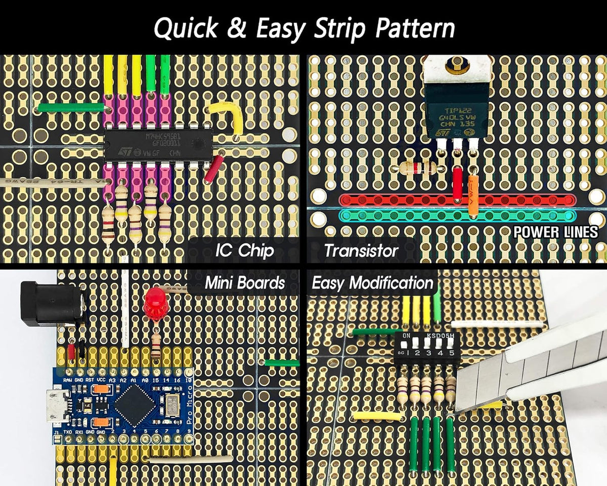 ElectroCookie PCB Prototype Board, Snappable Strip Board with Power Rails for Electronics Projects Compatible for DIY Arduino Soldering Projects, Gold-Plated, 3.8"x3.5" (3 Pack, Matte Black)