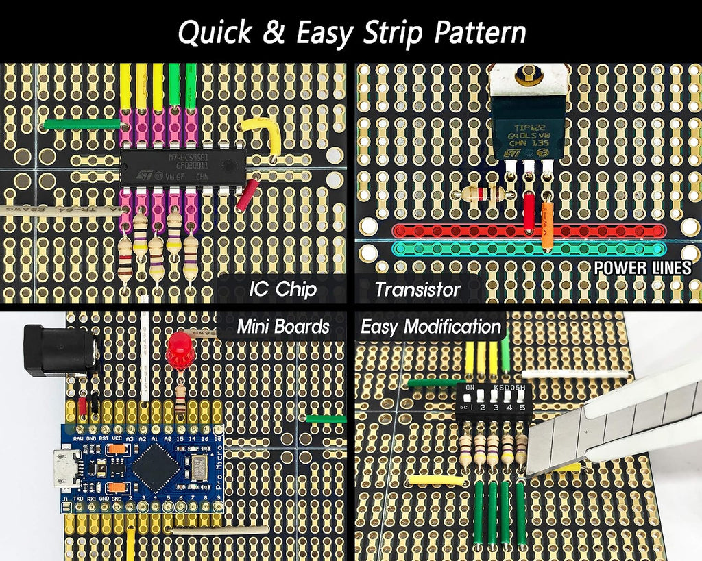 ElectroCookie PCB Prototype Board, Snappable Strip Board with Power Rails for Electronics Projects Compatible for DIY Arduino Soldering Projects, Gold-Plated, 3.8"x3.5" (2 Pack, Matte Black)