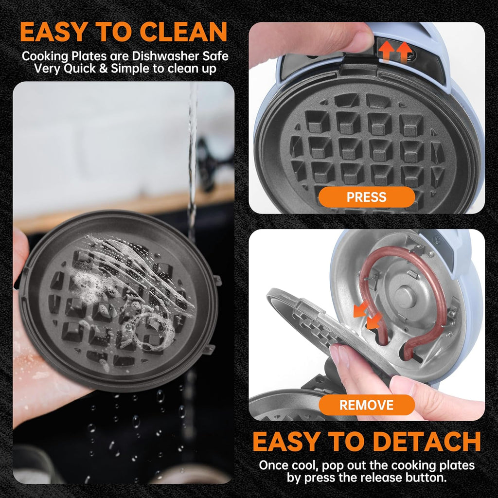 4 in 1 Mini Waffle Maker with Removable Plates, Set Includes Mini Pancake, Donut, Heart Shape Waffle Makers, Compact