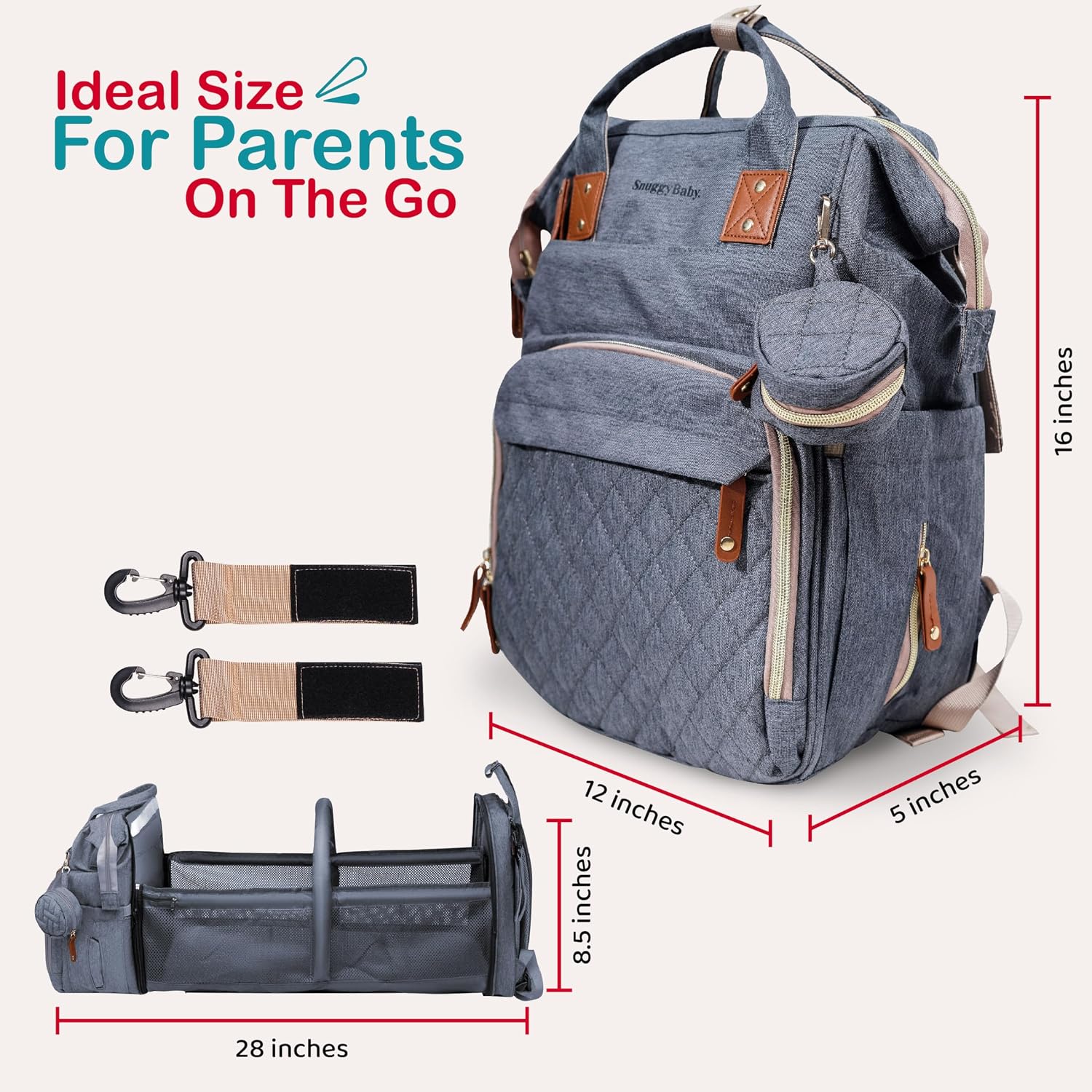 SNUGGY BABY Diaper Bag with Changing Station, Diaper Backpack with Changing Pad, Portable Diaper Organizer, Insulated