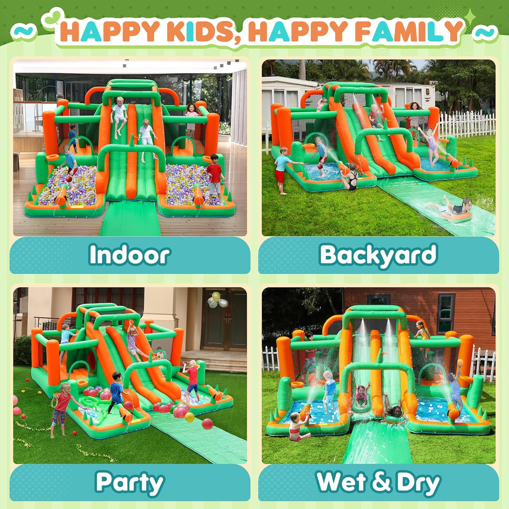 Inflatable Water Slide with 2 Bounce Houses, Mega 10-in-1 Water Park for Kids Backyard with Dual Racing Slides and 6m