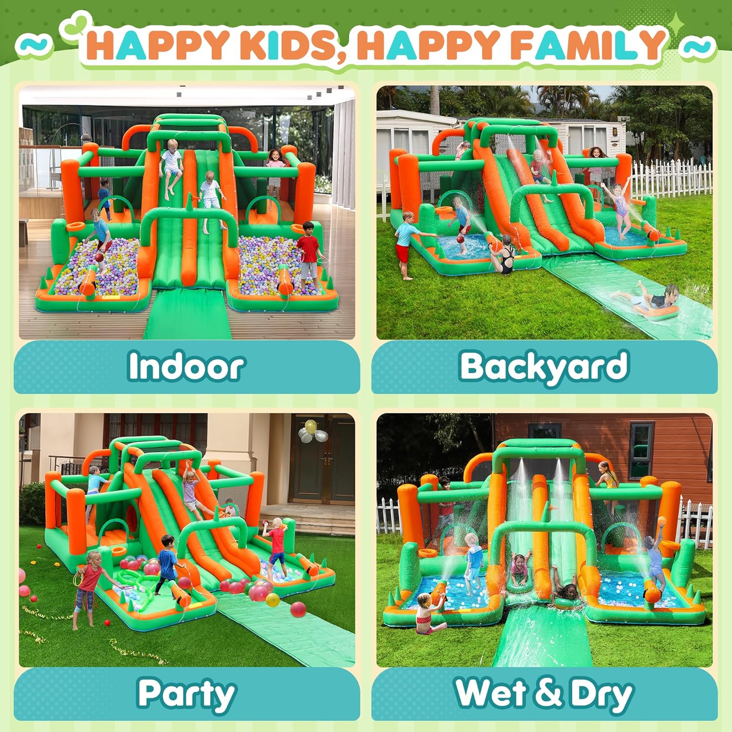 Inflatable Water Slide with 2 Bounce Houses, Mega 10-in-1 Water Park for Kids Backyard with Dual Racing Slides and 6m