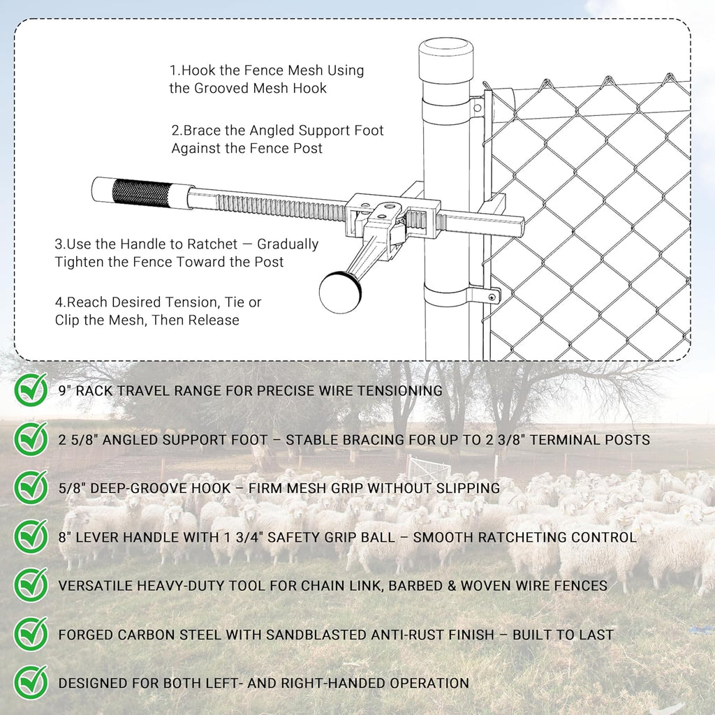 Chain Link Fence Stretcher Tool, Heavy-Duty Fence Puller & Tensioner for Fence Fabric Installation or Repair Projects