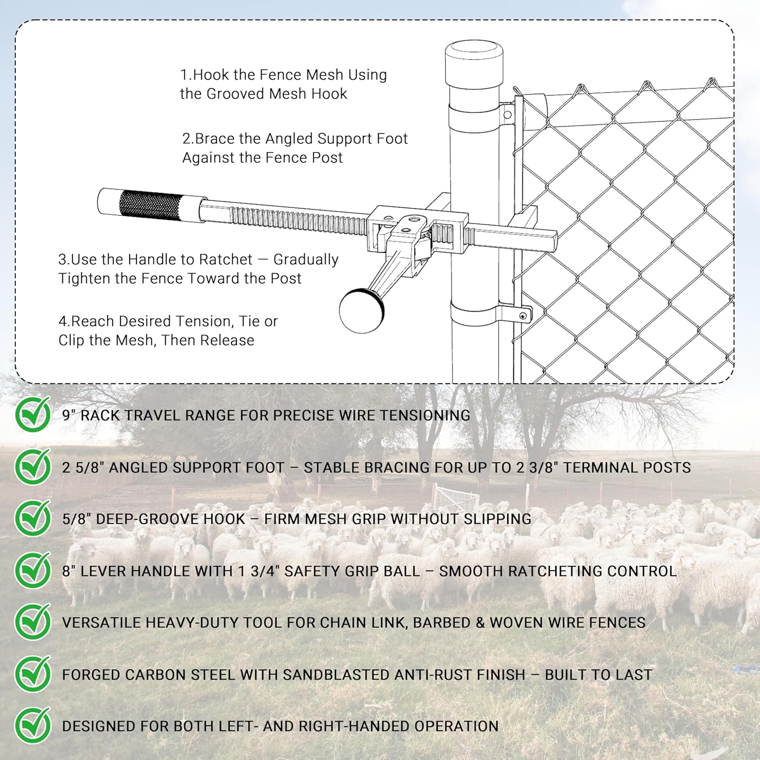 Chain Link Fence Stretcher Tool, Heavy-Duty Fence Puller & Tensioner for Fence Fabric Installation or Repair Projects