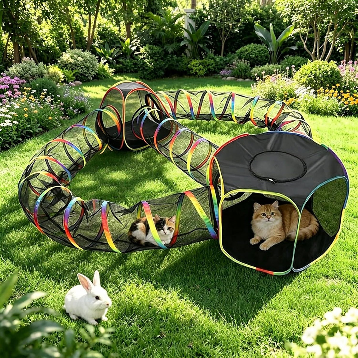 Outdoor Rainbow Cat Enclosure, 5 in 1 Portable Cat Tents for Outside Cage Free Outside Pet Enclosure Cat Tunnel