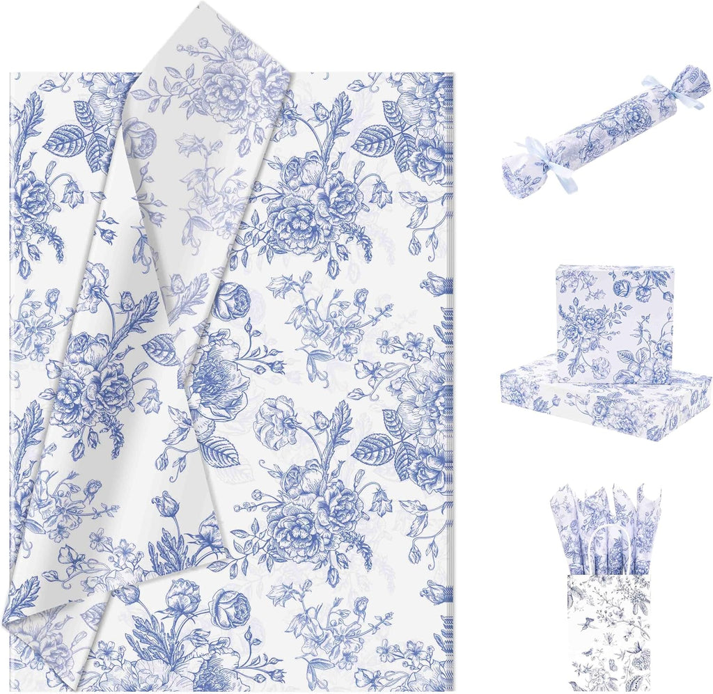 Floral Tissue Paper Bulk, Vintage Blue & White Flower Tissue Paper for Gift Bags, Wrapping, Crafts, Decoupage Art