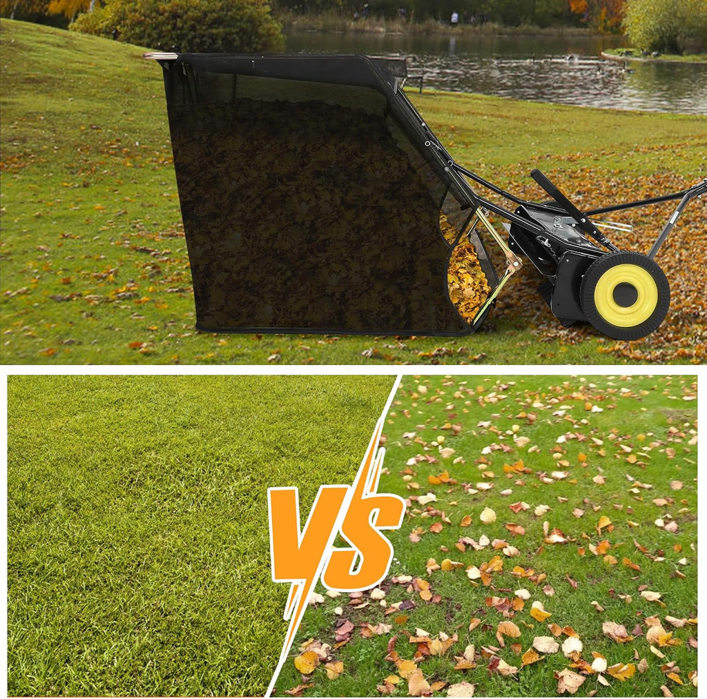 44-Inch Tow Behind Lawn Sweeper – Heavy Duty Leaf & Grass Collector – Large 18 Cu.Ft Container – Adjustable Sweeping