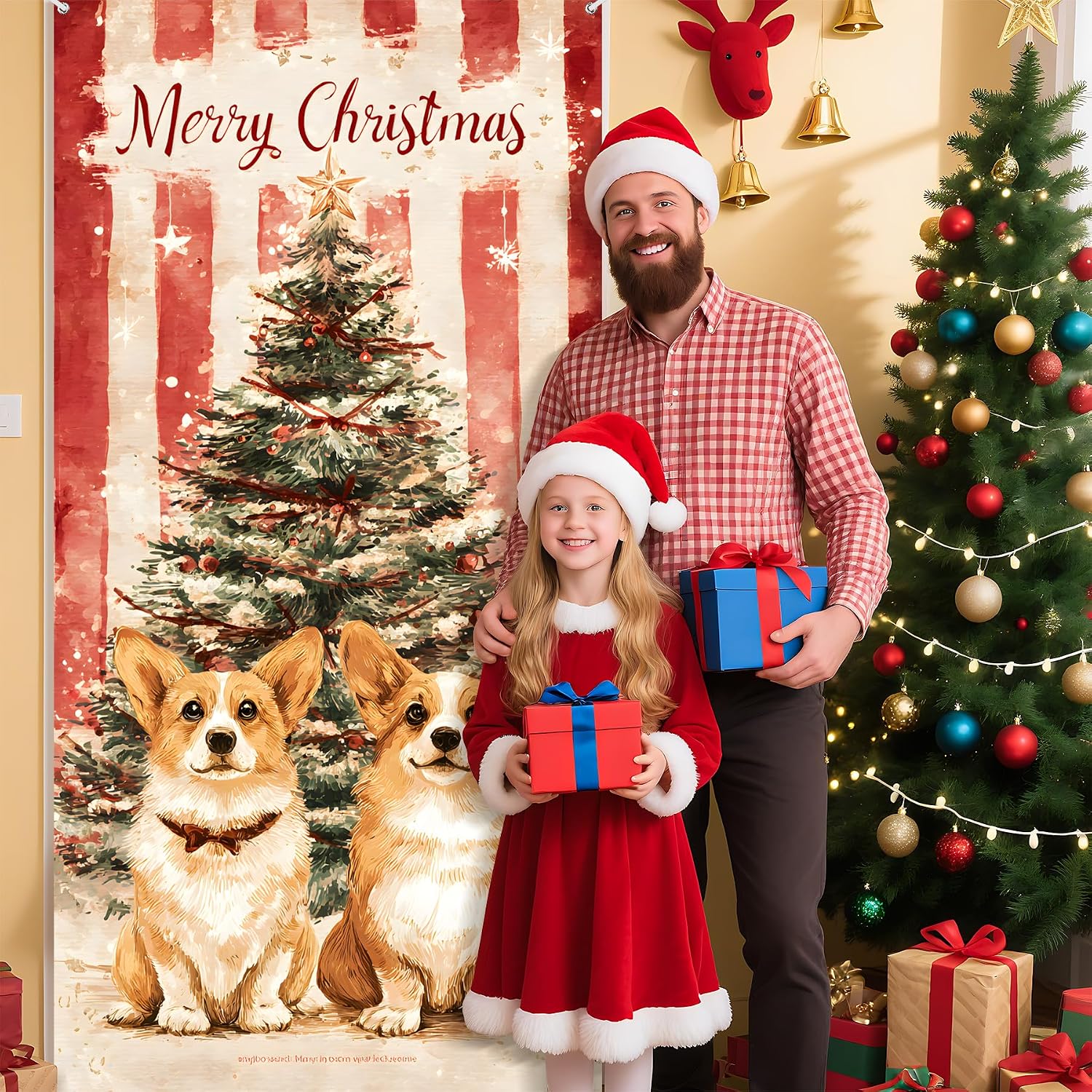 Christmas Front Door Decoration Set, Indoor Outdoor Holiday Porch Display with LED Garland, Wreath, Santa Figure