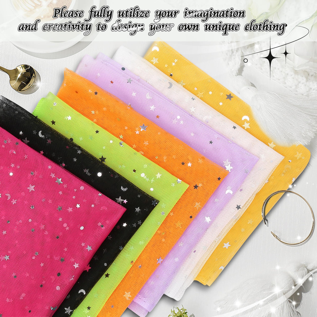 1 Yard Glitter Tulle, Star Moon Sequin, 54" Wide Black