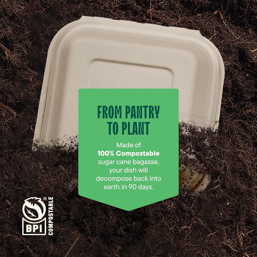 100% Compostable Clamshell Take Out Food Containers [6x6" 50-Pack] Heavy-Duty Quality to go Containers, Natural