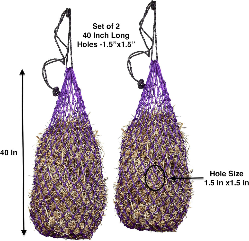 2 pcs Ultra Slow Feed 1.5"x1.5" Holes 40” Hay Net for Horses and livestocks (Purple)