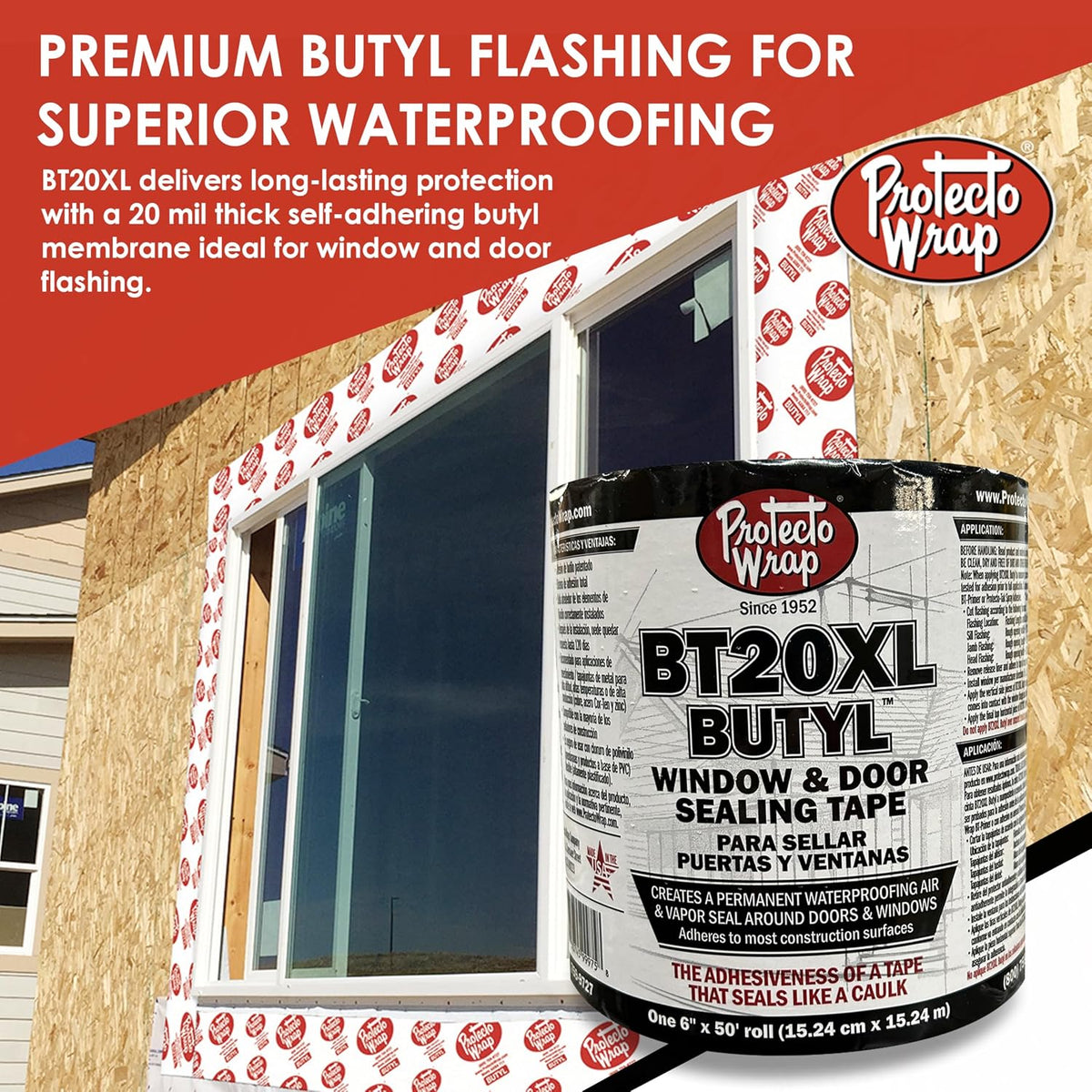 BT20XL Butyl Window Flashing Tape 6" x 50' – Professional Grade All Weather Waterproof Door & Sill Pan Sealing Tape |
