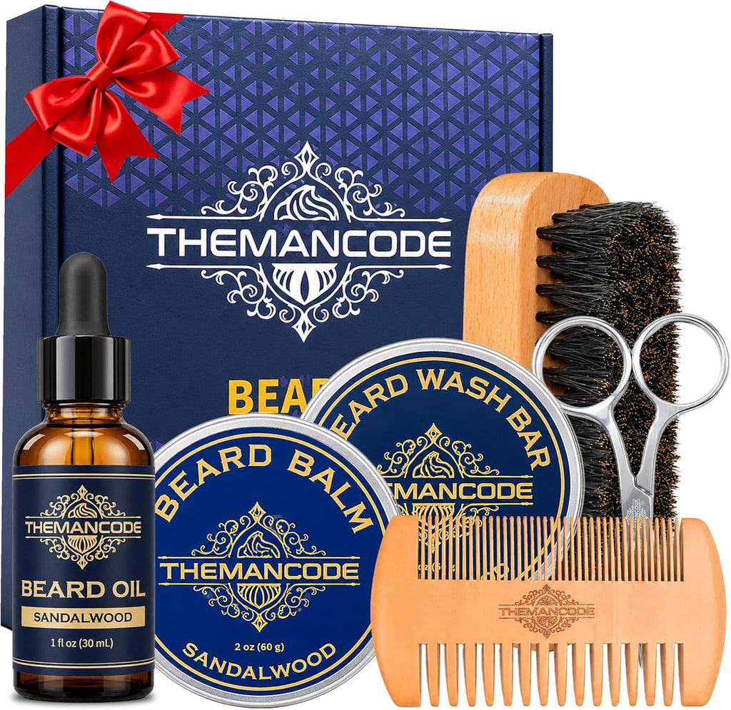 Beard Grooming Kit for Men, Fathers Day Gift for Dad and Husband, Sandalwood Beard Care Kit with Oil, Balm, Wash Bar