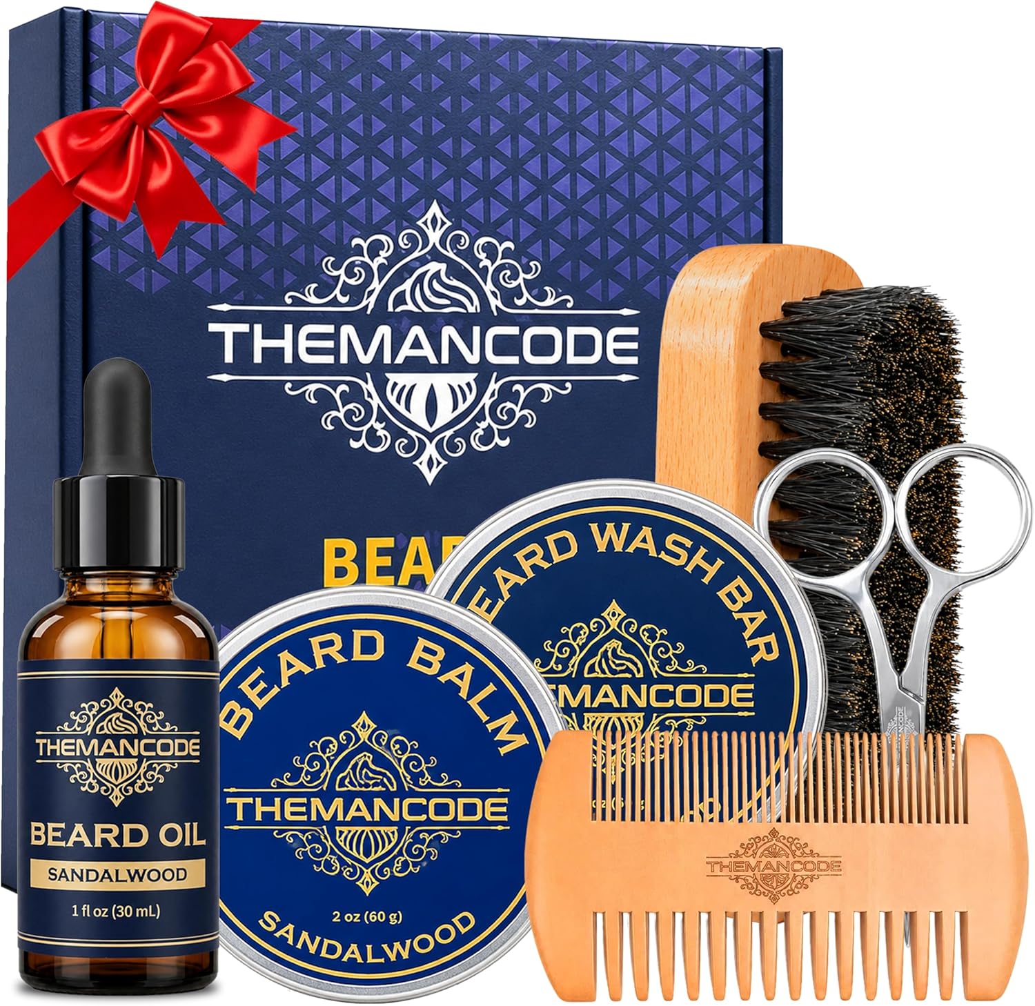 Beard Grooming Kit for Men, Fathers Day Gift for Dad and Husband, Sandalwood Beard Care Kit with Oil, Balm, Wash Bar