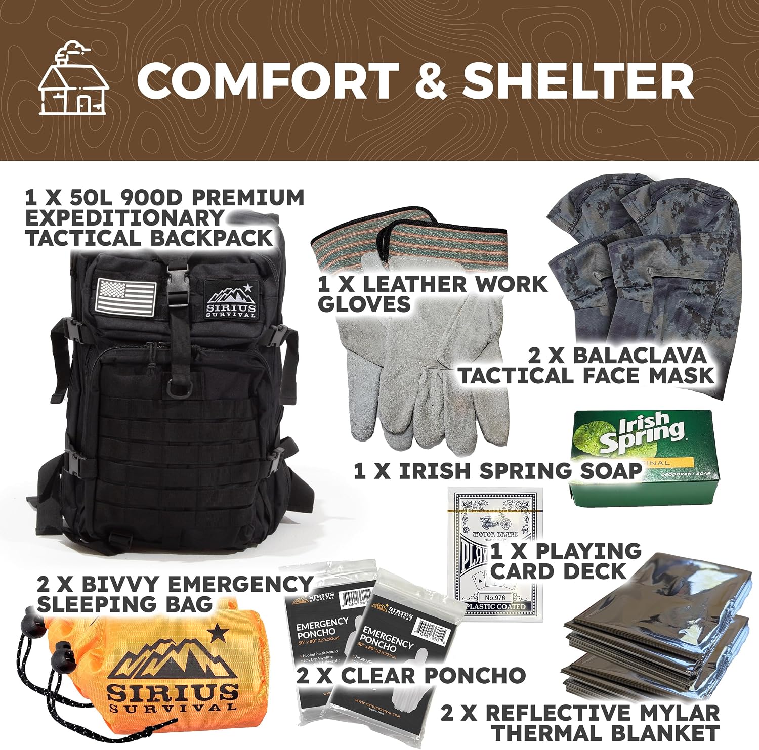 Sirius: Pre-Packed Bug Out Bag - 72 Hour Kit for 2 People - Bugout Backpack Survival Kit - Premium 50L Go Bag