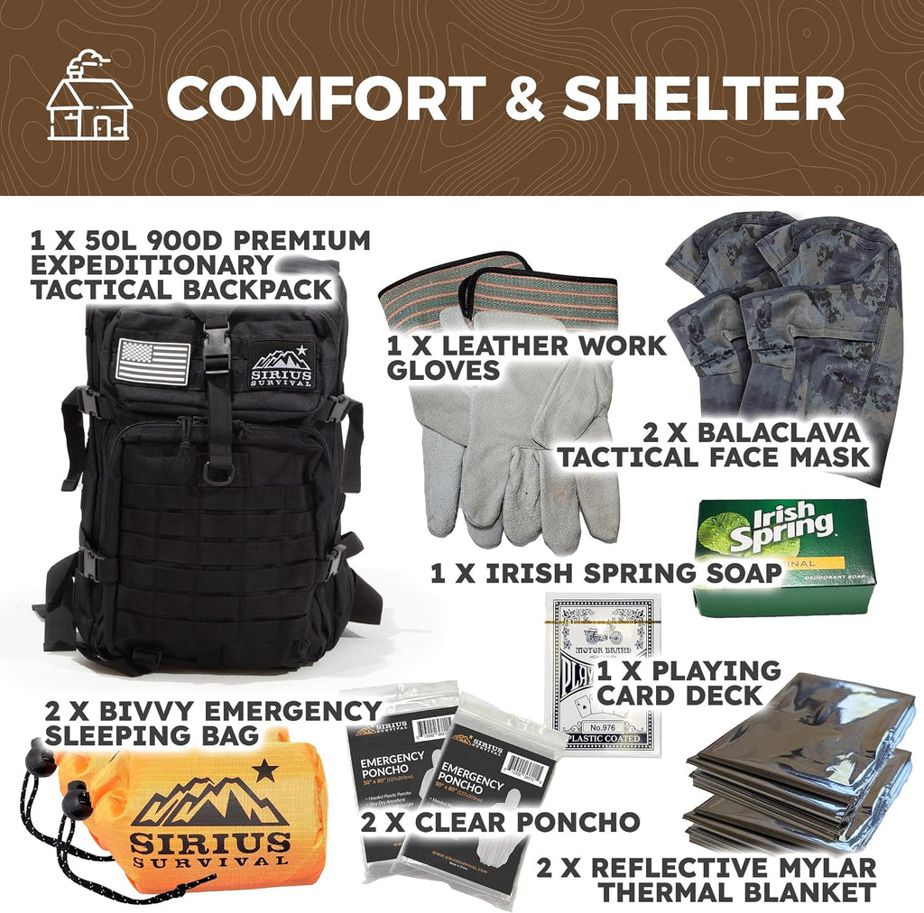 Sirius: Pre-Packed Bug Out Bag - 72 Hour Kit for 2 People - Bugout Backpack Survival Kit - Premium 50L Go Bag
