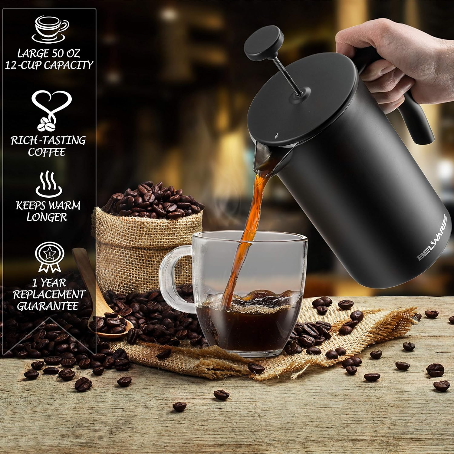 French Press Coffee Maker - 50oz Stainless Steel, Insulated Coffee Press | Large 6 Cup 50oz Capacity, Double Wall