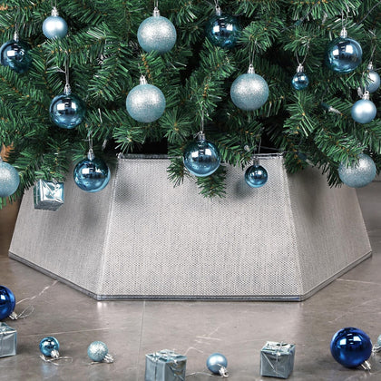 Hexagonal Christmas Tree Collar - Shiny Fabric Tree Skirt, Decorative Tree Ring for Holiday & Xmas Decor (Shiny Silver)