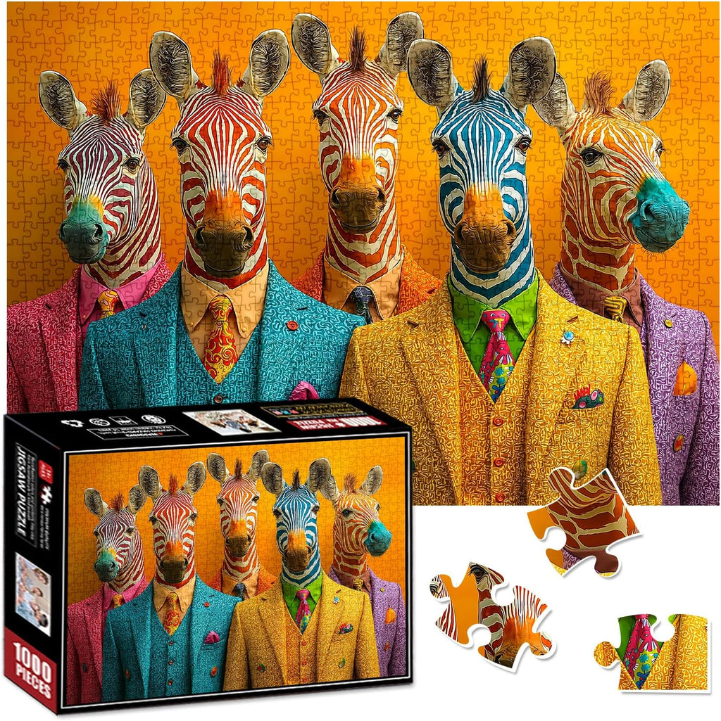 1000 Piece Jigsaw Puzzles for Adults, Funny Colorful Zebras in Suits, Quirky Animal Pop Art Puzzle, Vibrant Family