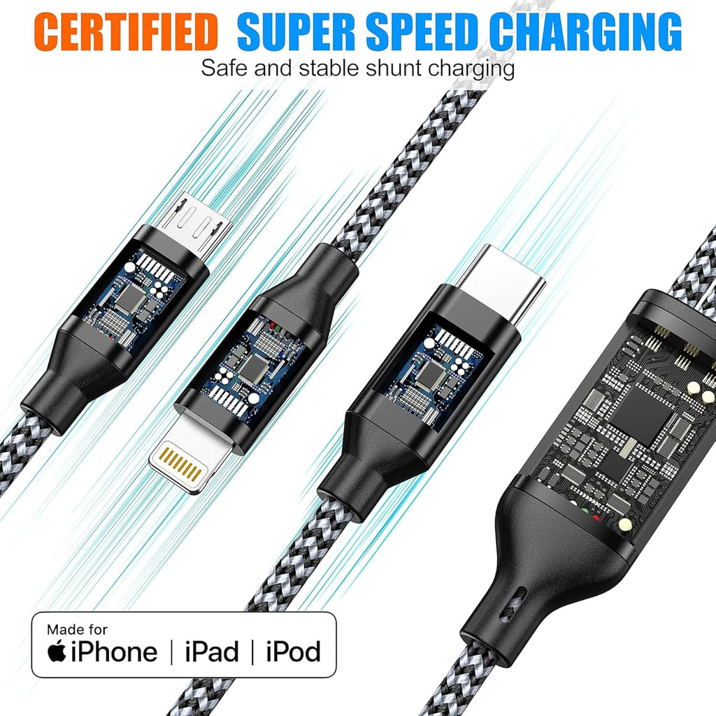 Multi Charging Cable 10ft 2Pack 3 in 1 Charger Cord, Long Multiple Cable | Rapid Nylon Braided USB Charging Cable