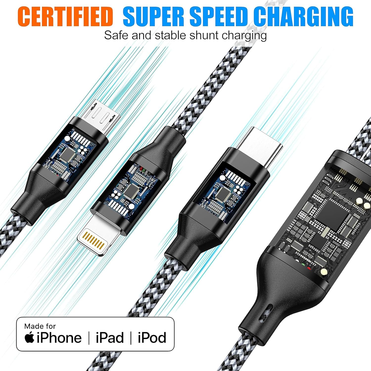 Multi Charging Cable 10ft 2Pack 3 in 1 Charger Cord, Long Multiple Cable | Rapid Nylon Braided USB Charging Cable