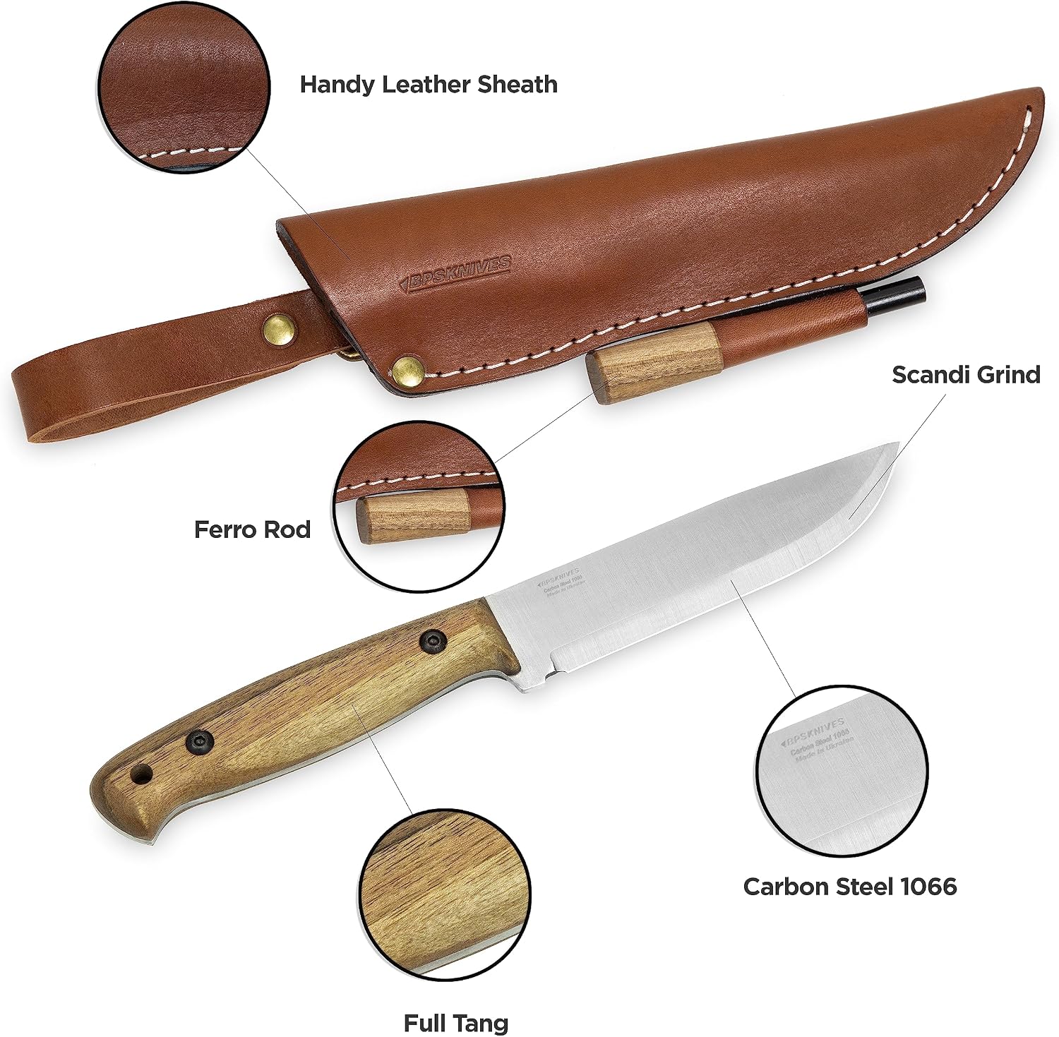 Adventurer - Bushcraft Knife - Fixed-Blade Carbon Steel Knife with Leather Sheath and Firestarter - Outdoor Full Tang