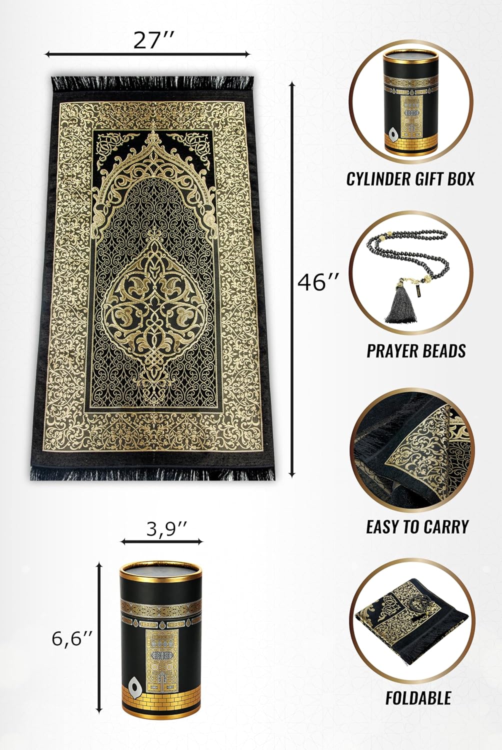 Muslim Prayer Rug and Prayer Beads with Elegant Design Cylinder Gift Box, Janamaz, Soft Sajadah, Islamic Gifts Set