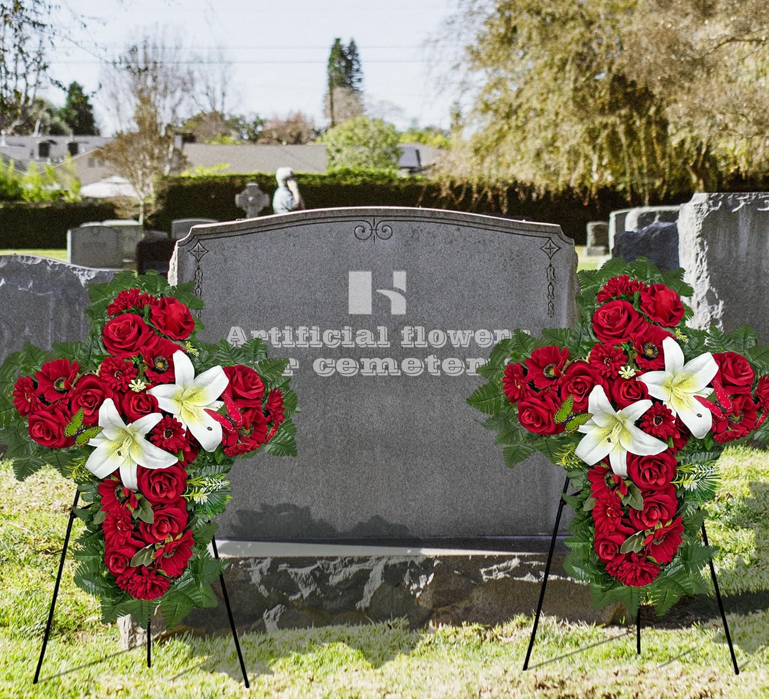 Cemetery Flower for Grave Decorations, Memorial Floral Cross with Easel Stand,Headstone Wreath-Red Rose