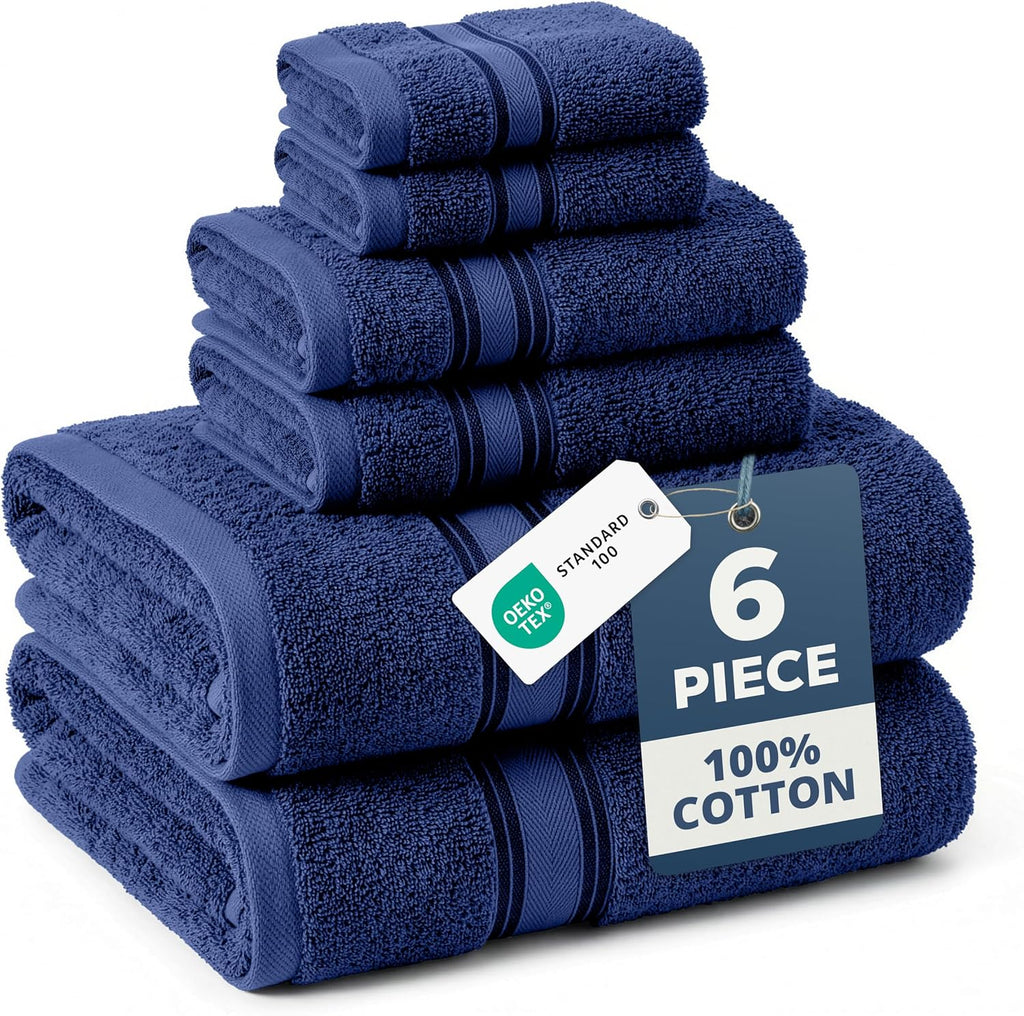 Bath Towel Set 100% Cotton 6 Piece Soft Absorbent - Navy | Shower Towels - Generously Sized, Oversized & Roomy