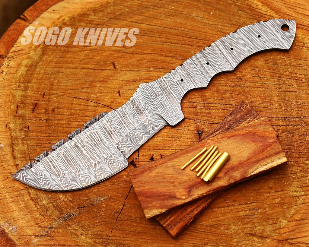 Damascus Tracker DIY Handmade Knife Kit - Includes Knife Blank, Steel Blade, Pins, Sheath, Handle Scales - Making
