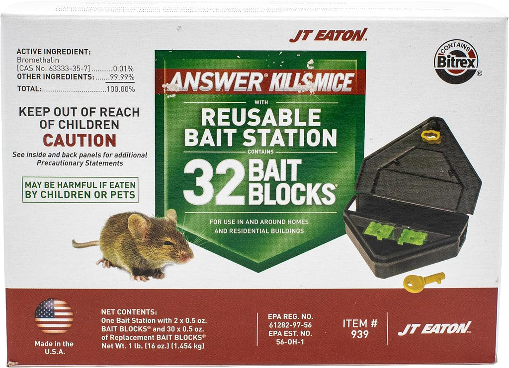 Answer Kills Mice with Reusable Mouse Bait Station and 32 Bait Blocks – Effective Rodent Control Solution for Indoor