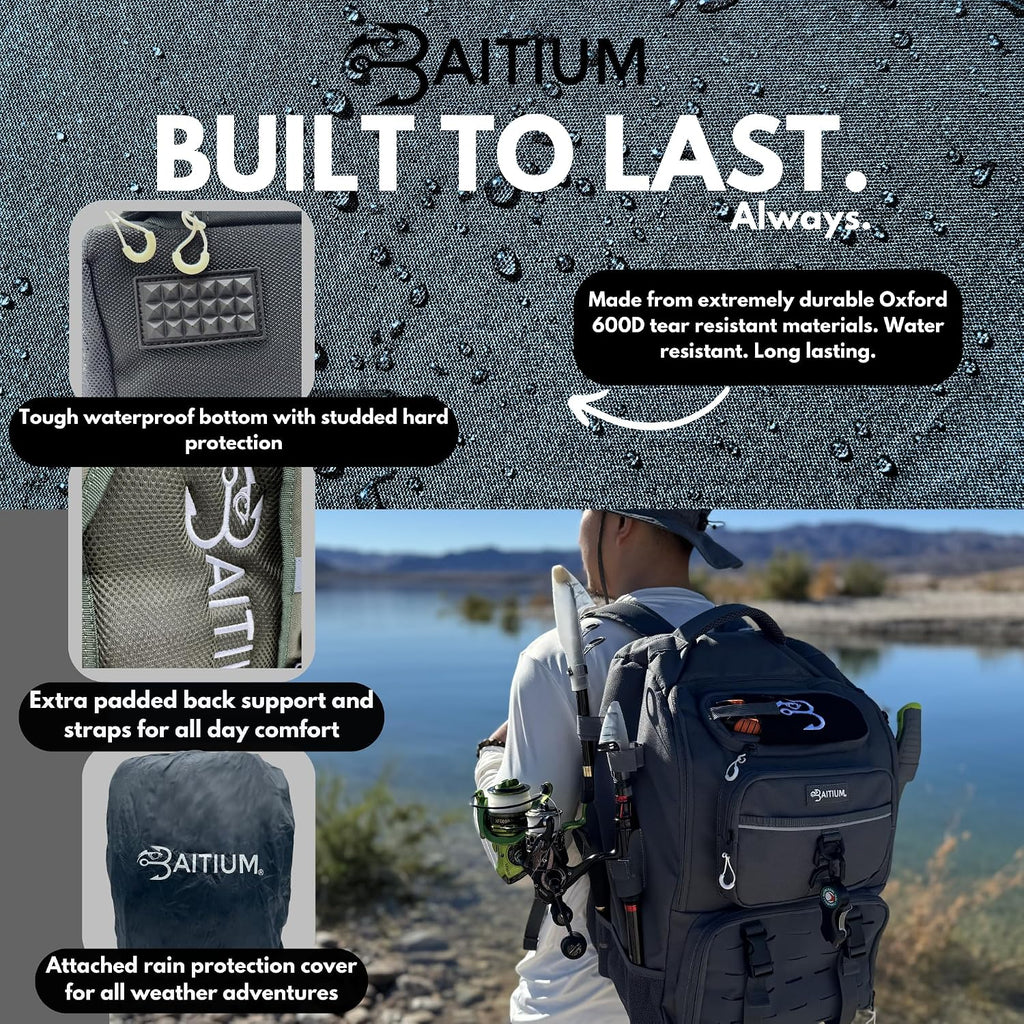Fishing Backpack, Tackle Bag With Rod Holders, 40L Capacity With Cooler, Rain Cover, Insulated Pocket, 4 Tackle Trays