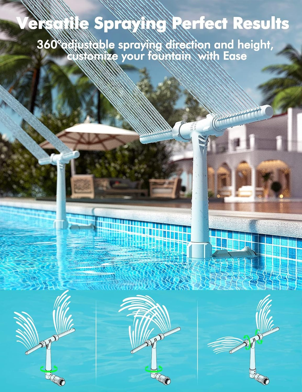 Adjustable Dual Spray Pool Fountain for Above Ground & Inground Pools | Waterfall Pool Sprinkler Fountain, 360°