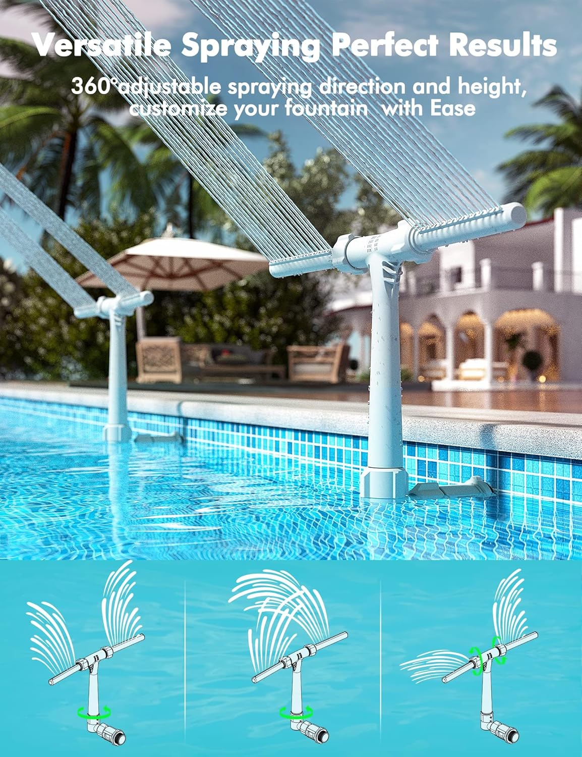 Adjustable Dual Spray Pool Fountain for Above Ground & Inground Pools | Waterfall Pool Sprinkler Fountain, 360°