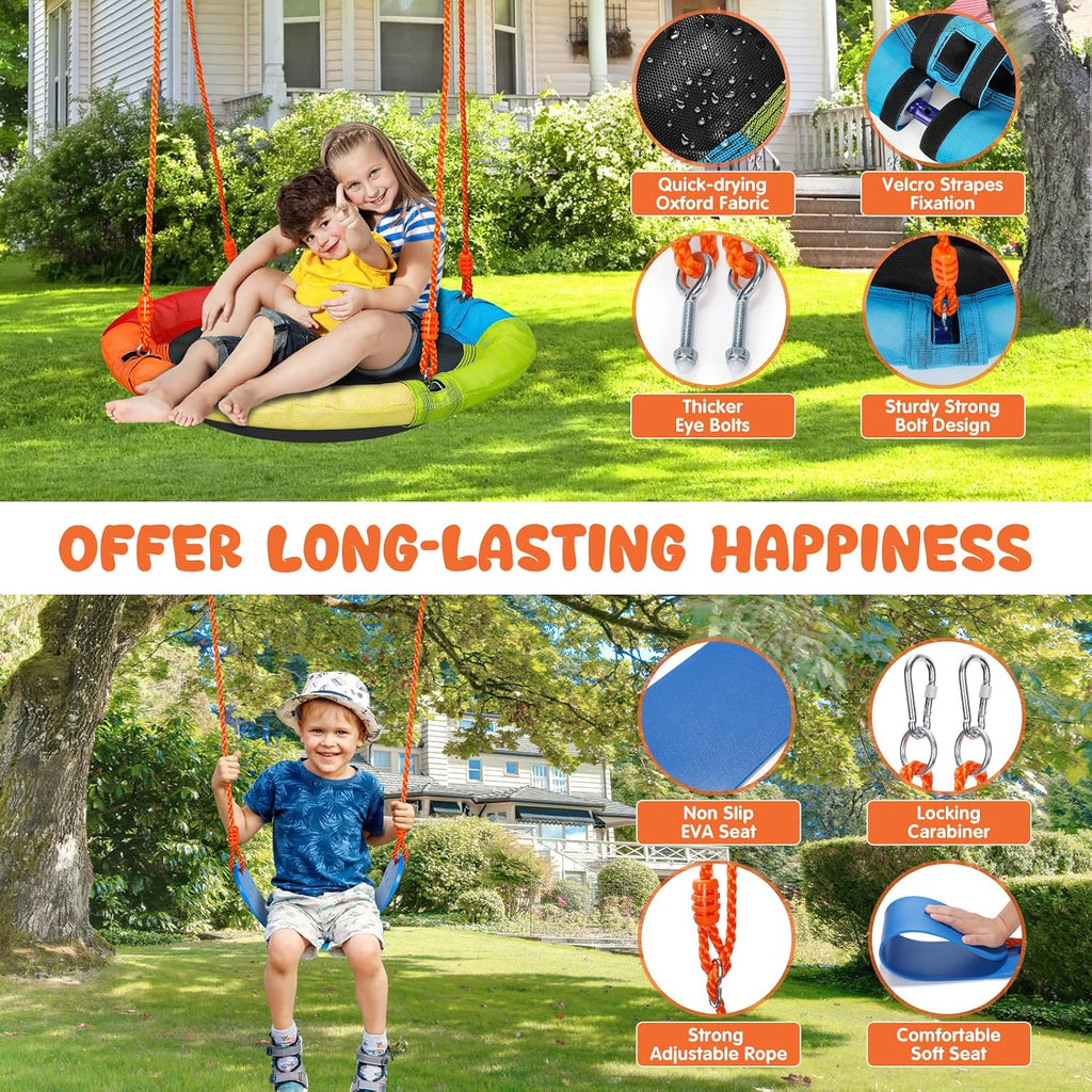Swing Sets for Backyard, 3 Seats with Saucer, Belt and Disc Swing | 3 stations for larger families: 32" saucer, 26"