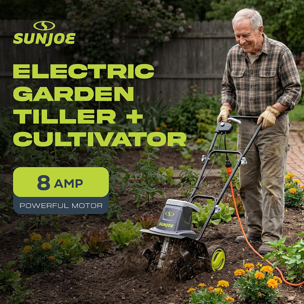 Electric Garden Tiller and Cultivator with 3 Position Height Adjustment Maximum 12-inch Cultivating Width and 8 Amp