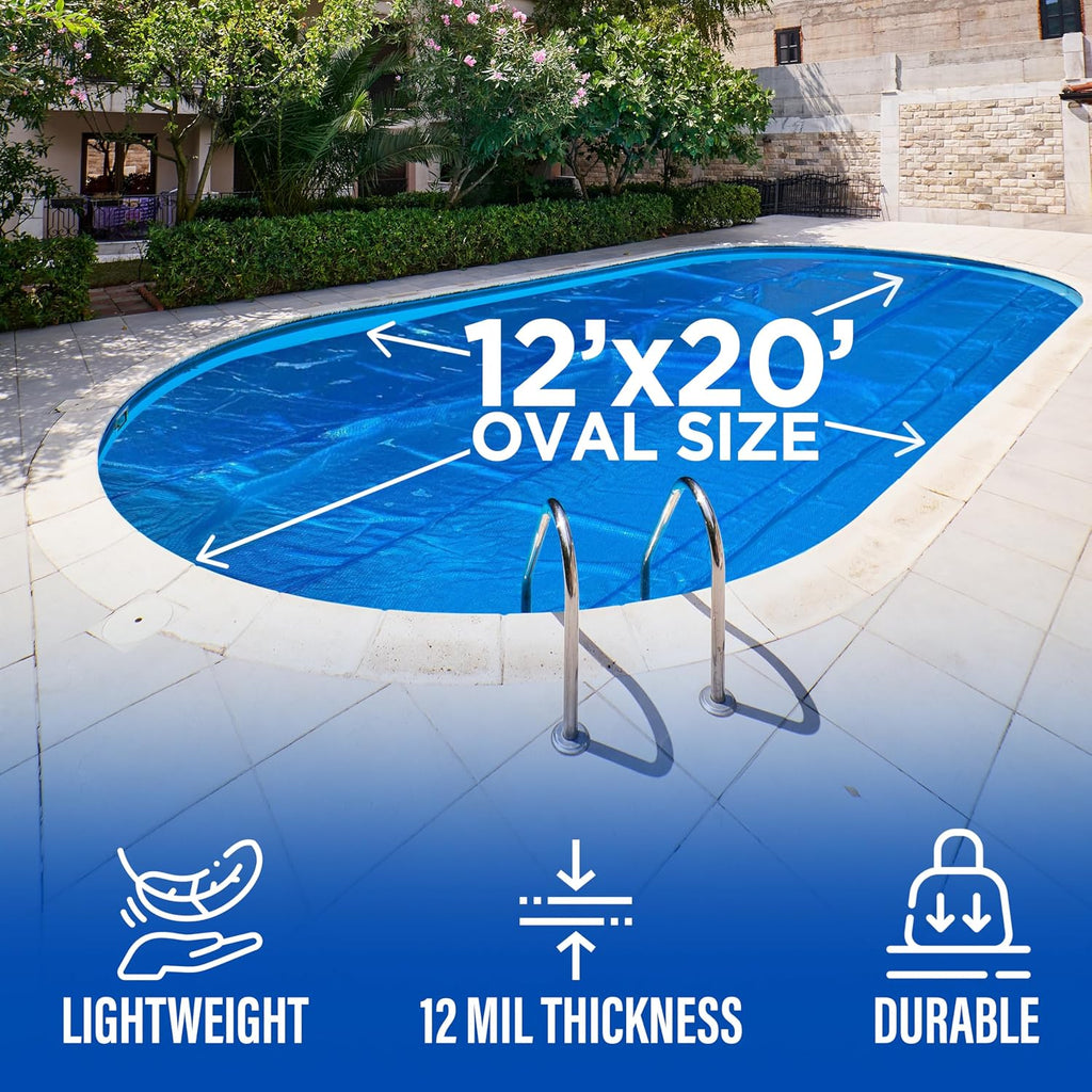 12' x 20' Oval Solar Cover for Inground and Above Ground Pools, 12 Mil - Premium Heavy Duty Solar Blanket for Above