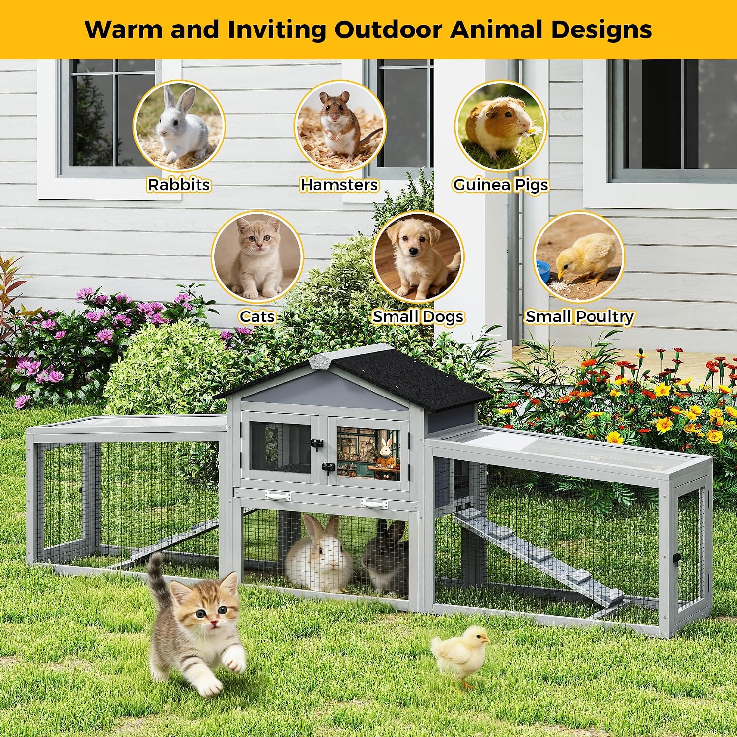 92in Rabbit Hutch, 2-Tier Bunny Cage with Asphalt Roof & 3 Run Boxe | 2-Tier Design With 2 Run Boxes, Asphalt Roof &