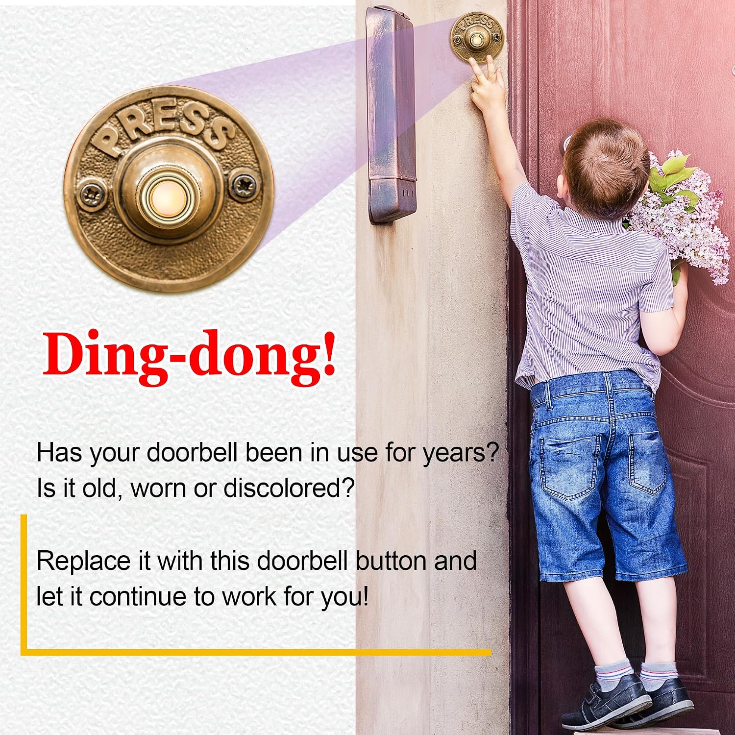 2 Pack Lighted Doorbell Button Replacement, Gold, Yellow Light | Easy to Install Wired Doorbell Button Push Door Bell