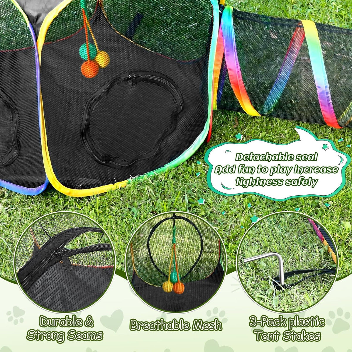 Outdoor Rainbow Cat Enclosure, 5 in 1 Portable Cat Tents for Outside Cage Free Outside Pet Enclosure Cat Tunnel