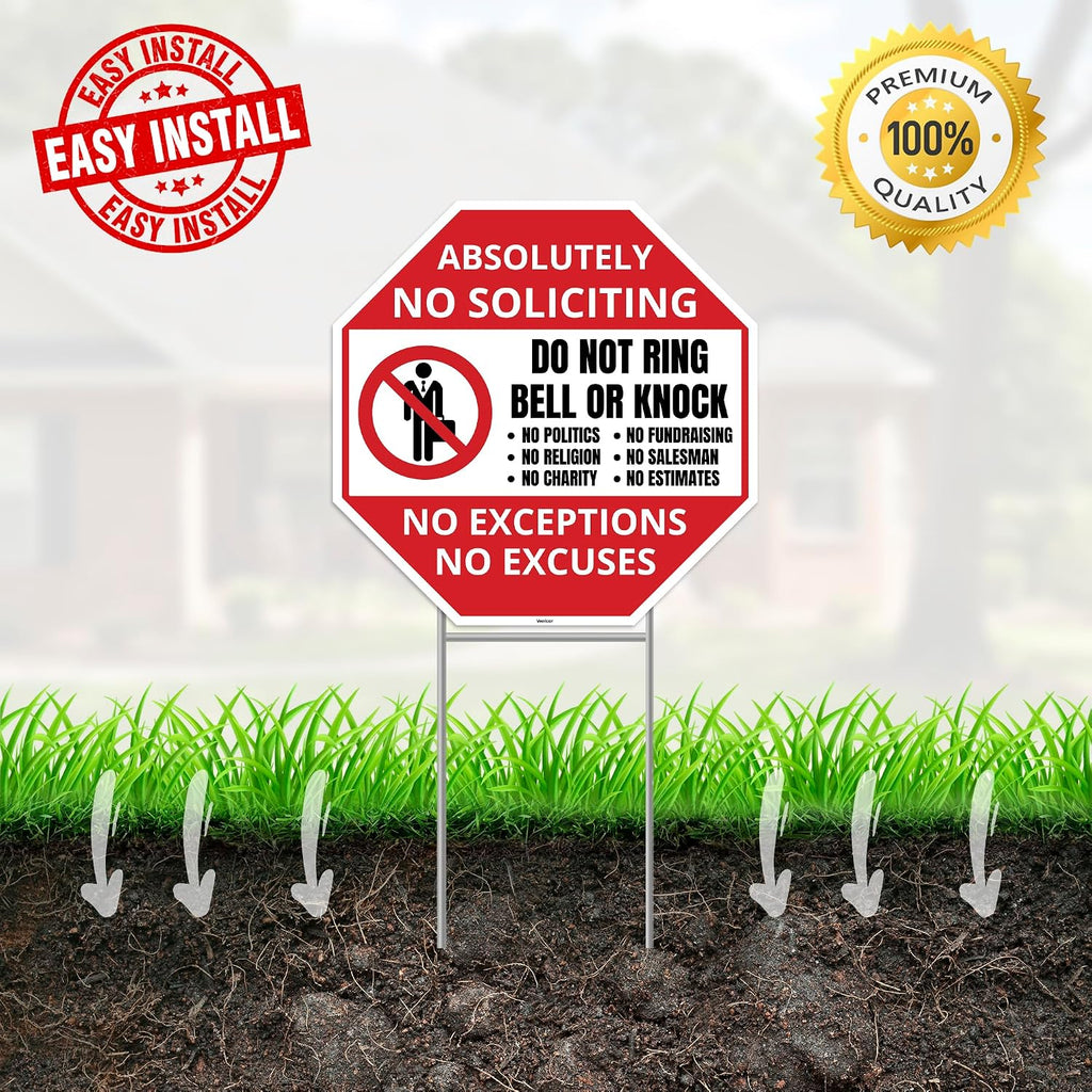 2PC No Soliciting Sign with Stake, 12 Inches by 12 Inches - Corrugated Plastic - No Soliciting No Religious No