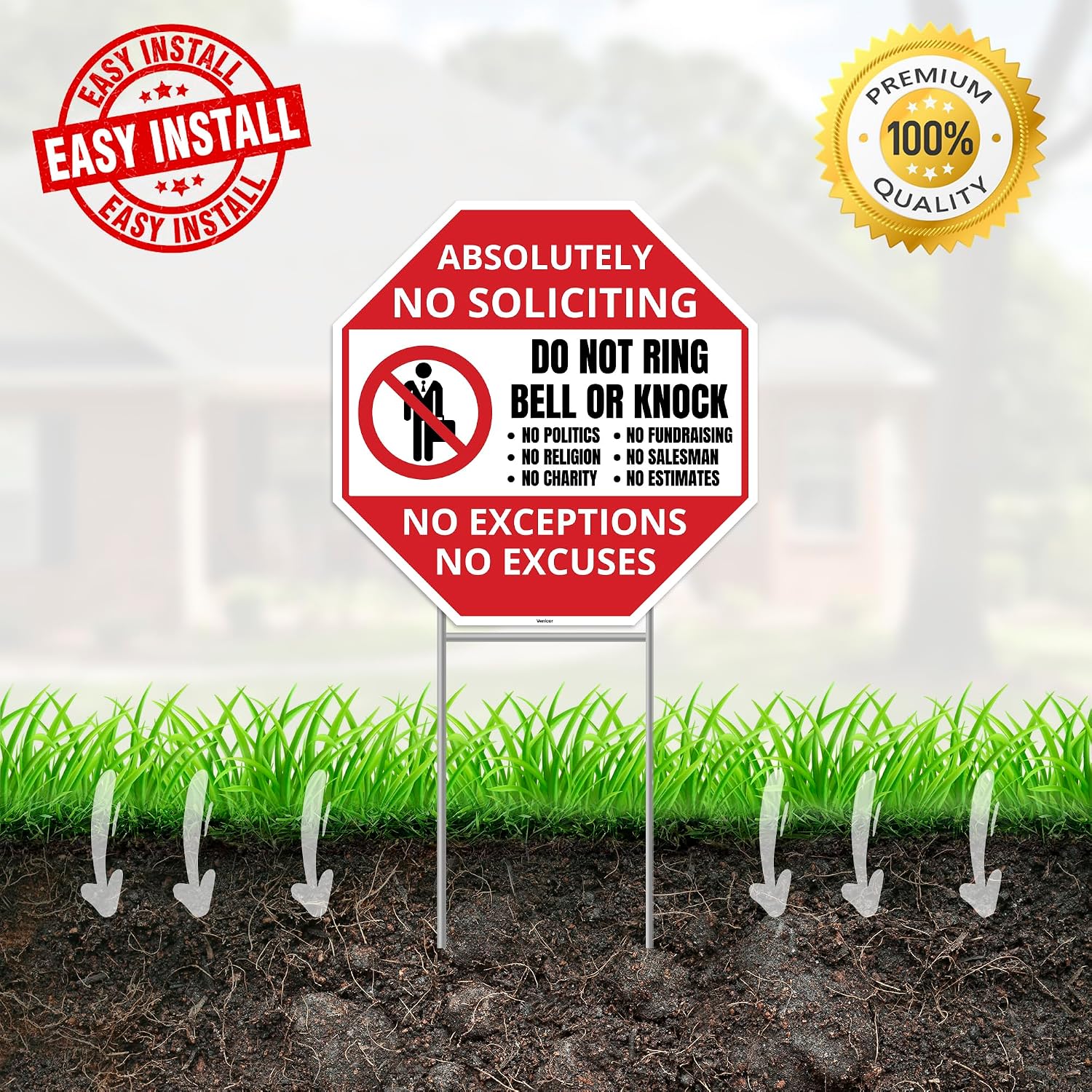 2PC No Soliciting Sign with Stake, 12 Inches by 12 Inches - Corrugated Plastic - No Soliciting No Religious No