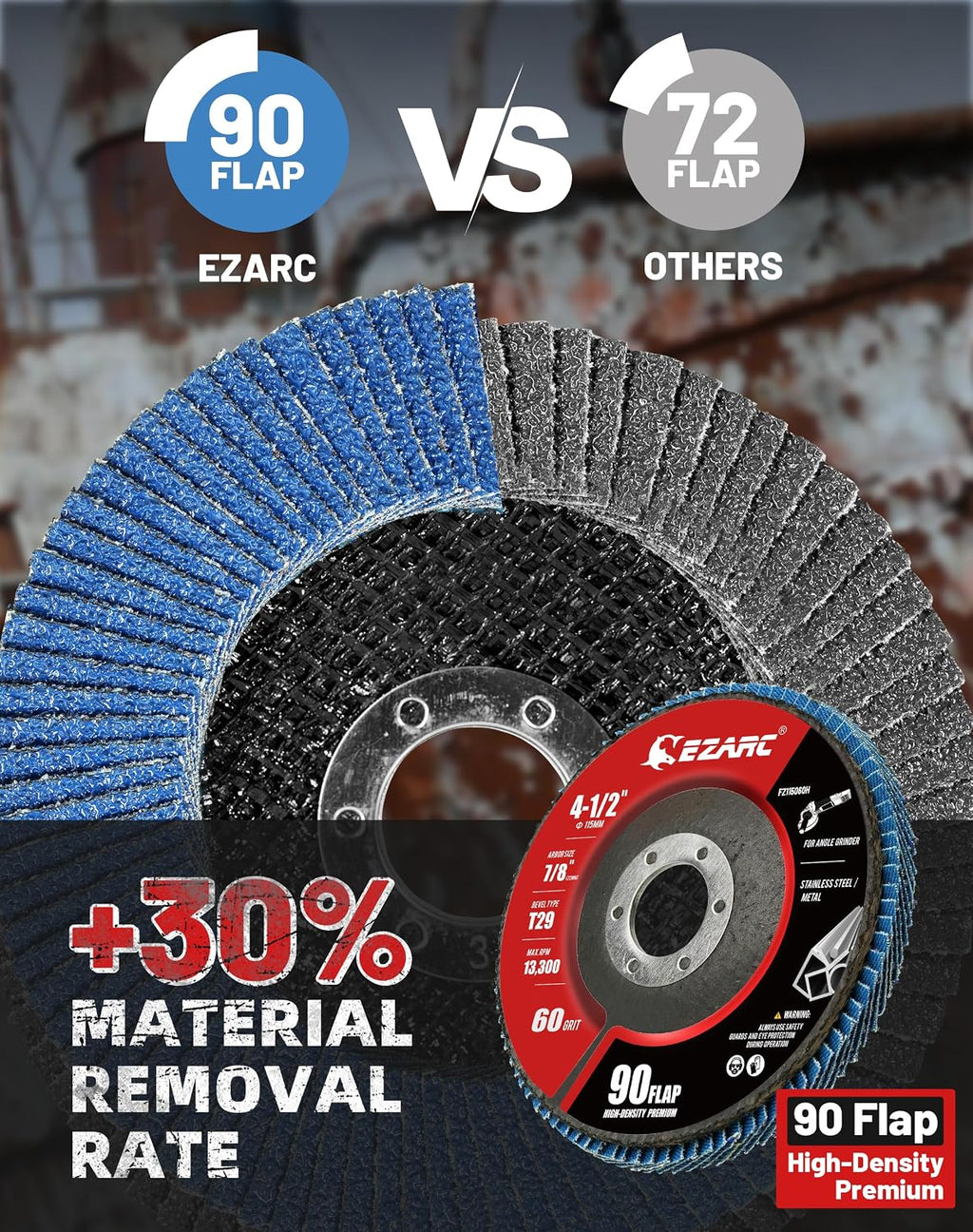 EZARC Zirconia Flap Discs 60 Grit High Density, 4.5x7/8", Type 29, 12-Pack