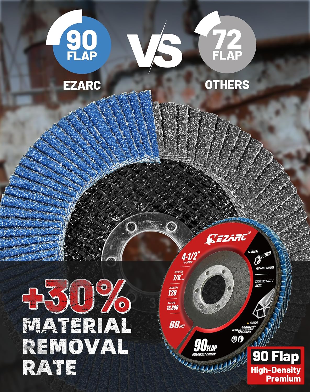 EZARC Zirconia Flap Discs 60 Grit High Density, 4.5x7/8", Type 29, 12-Pack