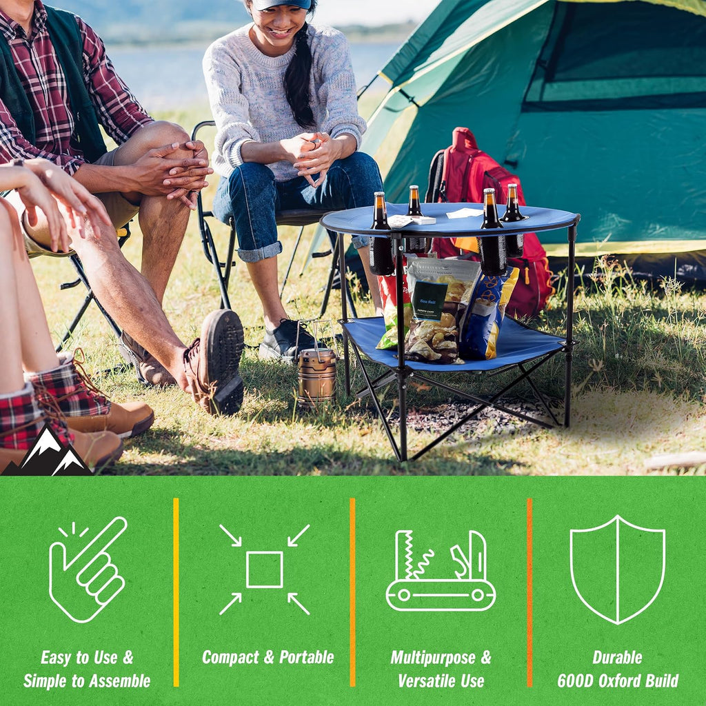 Camp Table - Round 2-Tier Folding Table with 4 Cupholders and Carrying Bag