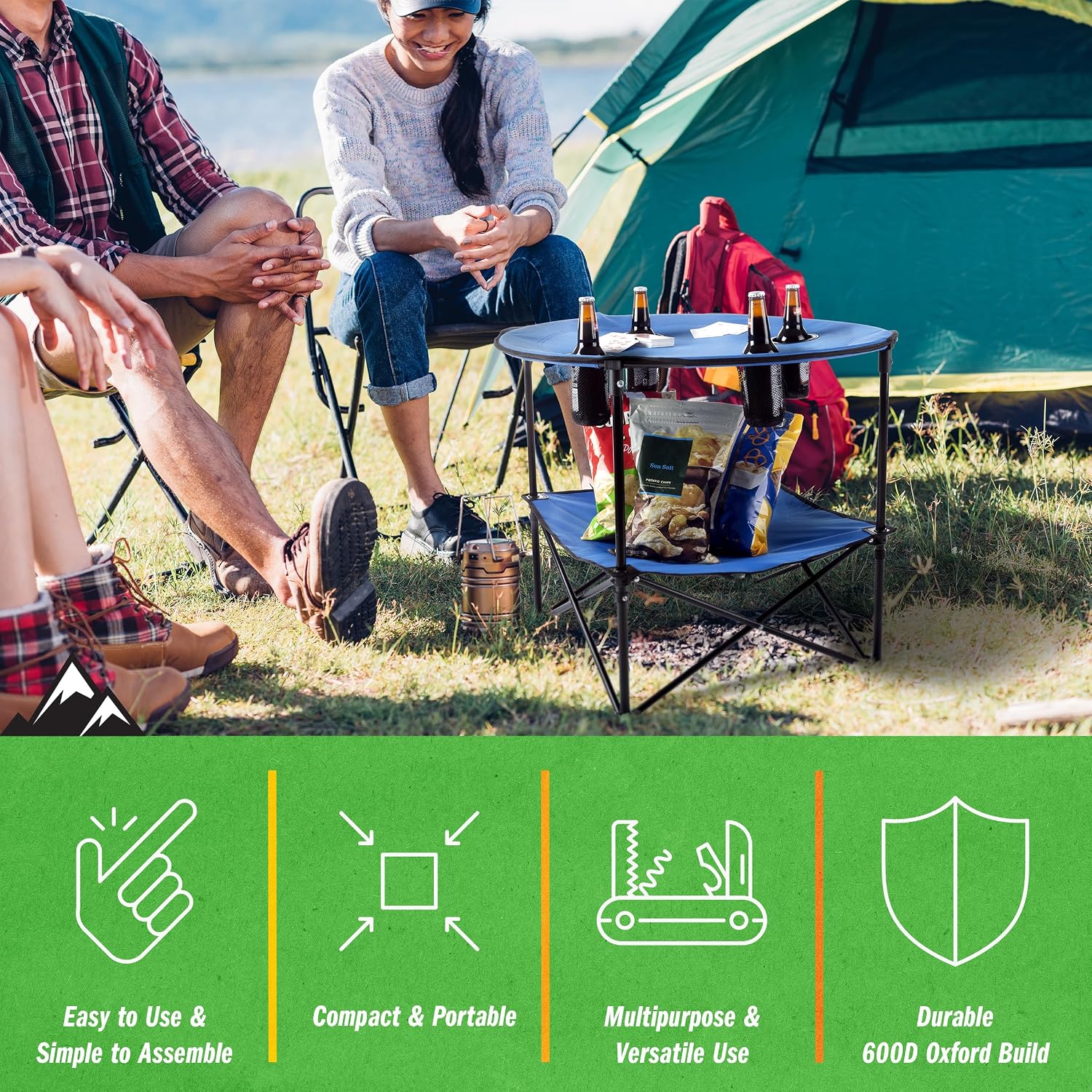 Camp Table - Round 2-Tier Folding Table with 4 Cupholders and Carrying Bag