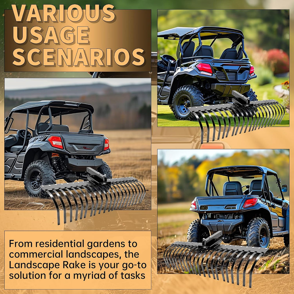 60 Inch Landscape Rake Pine Straw Rake Tractors Rake Fit for 2 Inch Receiver ATV UTV SxS Features 48" or 60"