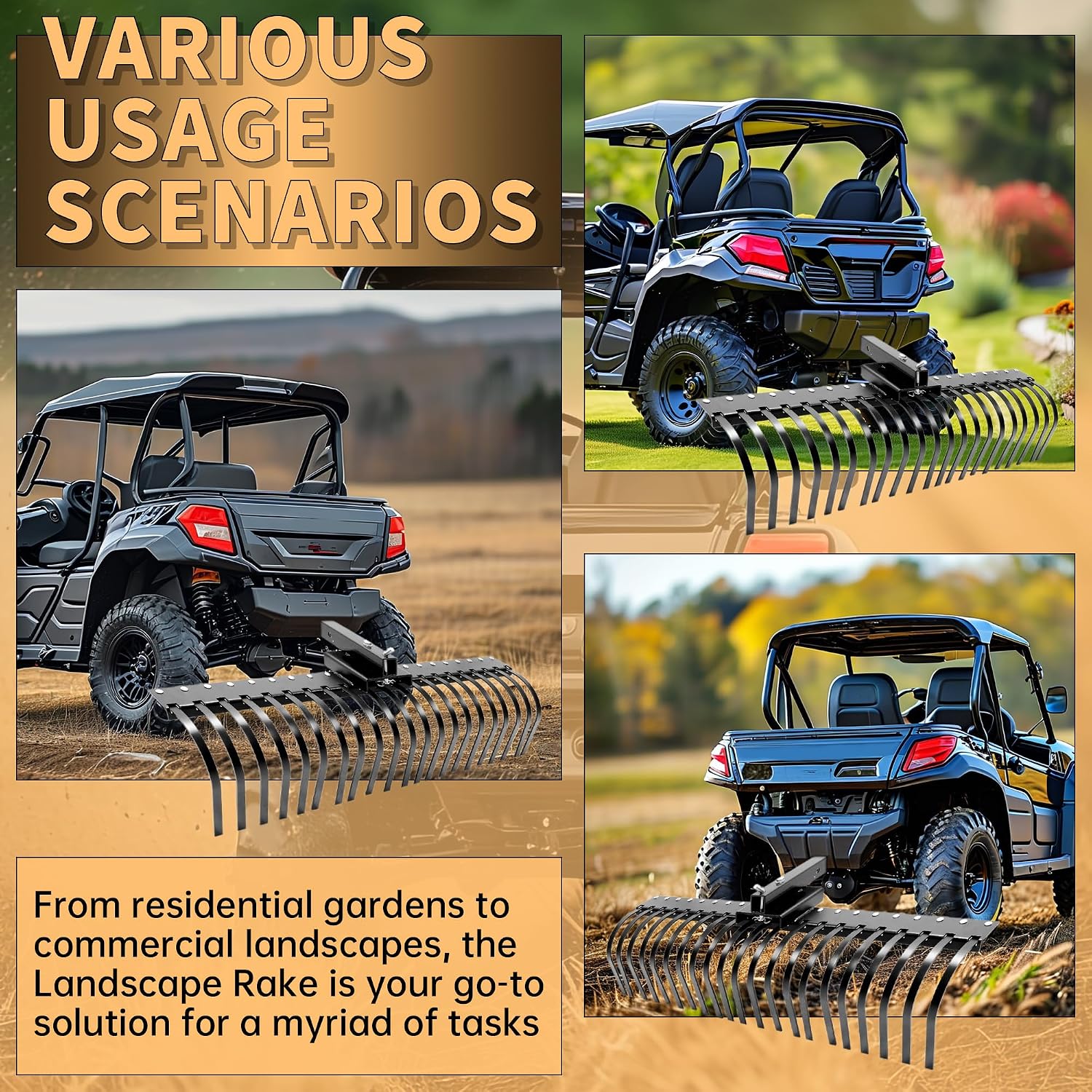 60 Inch Landscape Rake Pine Straw Rake Tractors Rake Fit for 2 Inch Receiver ATV UTV SxS Features 48" or 60"